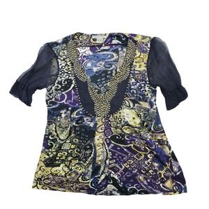 Alberto Makali Beaded Top M Boho Y2K Abstract Print Sheer Tunic Statement Artsy